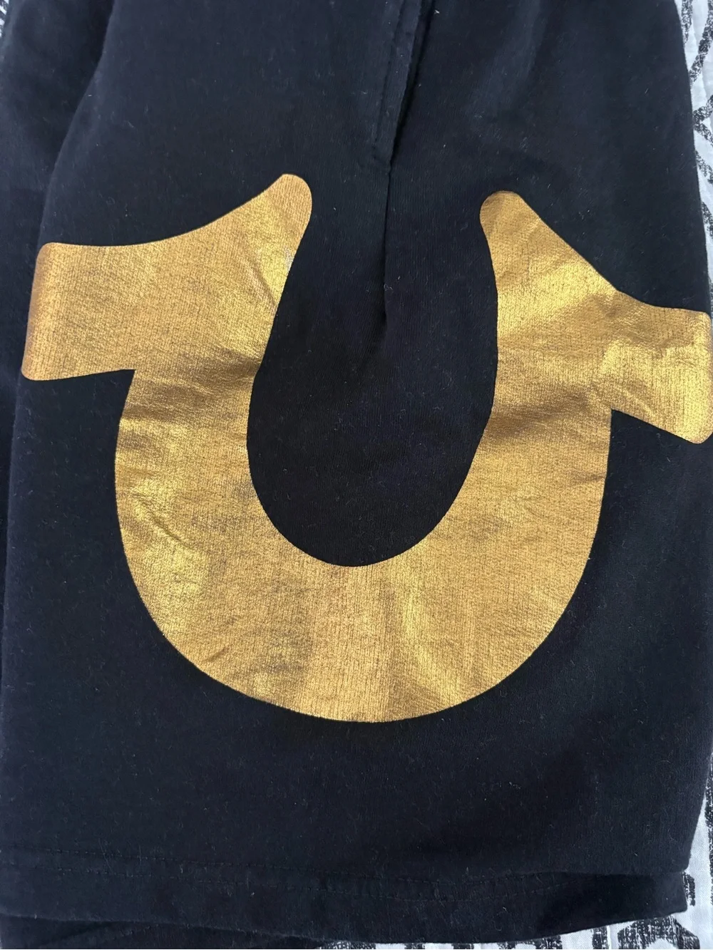 True Religion Black Men Shorts with Gold Graphic with a free keychain.